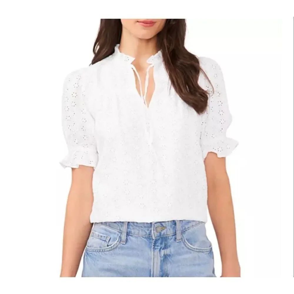 1. State white cotton eyelet puff sleeve blouse small